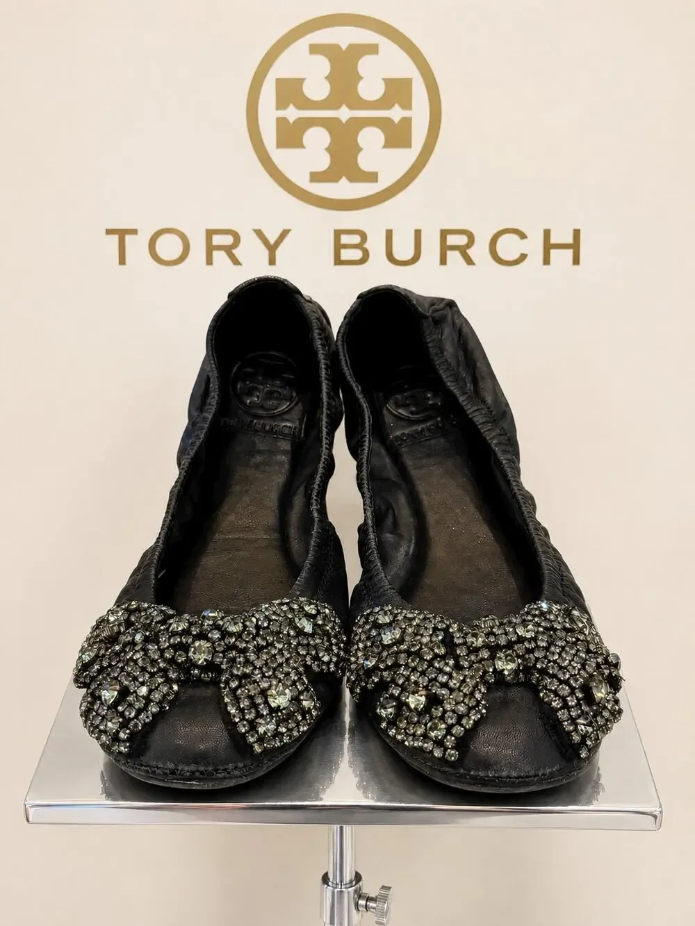 Tory Burch Eddie V Embellished Bow Ballet Flats Black Women’s 6.5M